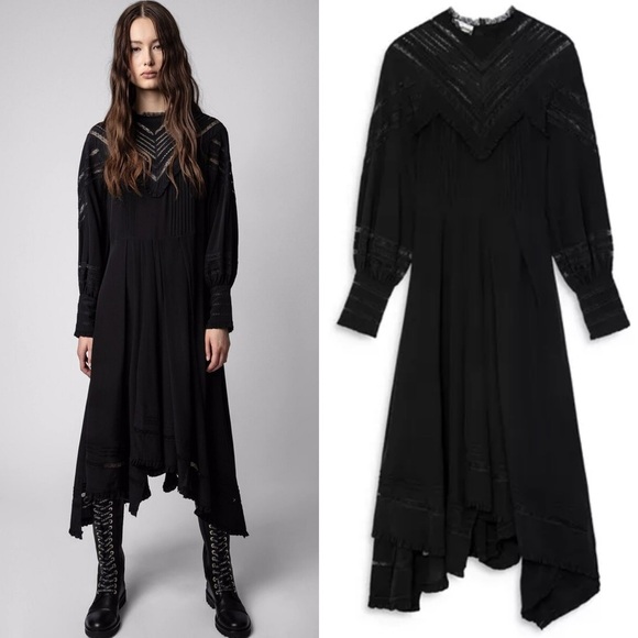 Zadig & Voltaire Rozyl Silk Lace Insert Asymmetrical Hem Midi Dress - M - Picture 1 of 10
